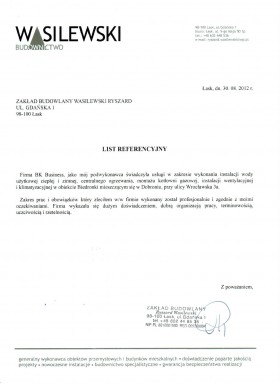 List referencyjny Zakładu Budowlanego Wasilewski Ryszard