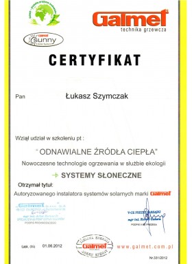 Certyfikat z udziału w szkoleniu Odnawialne Źródła Ciepła